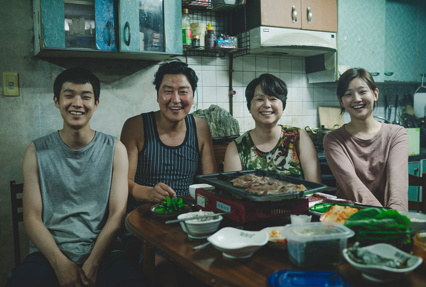 The Kim Family (Woo-sik Choi, Kang-ho Song, Hye-jin Jang, So-dam Park) in Parasite. (Courtesy of NEON + CJ Entertainment)