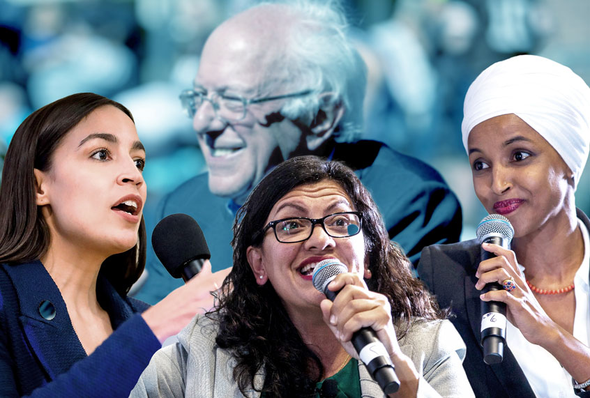 U.S. Rep. Alexandria Ocasio-Cortez,  Rep. Ilhan Omar, Rep. Rashida Tlaib, and Democratic presidential candidate, Sen. Bernie Sanders (Getty Images/Zach Gibson/Scott Eisen/Drew Angerer)