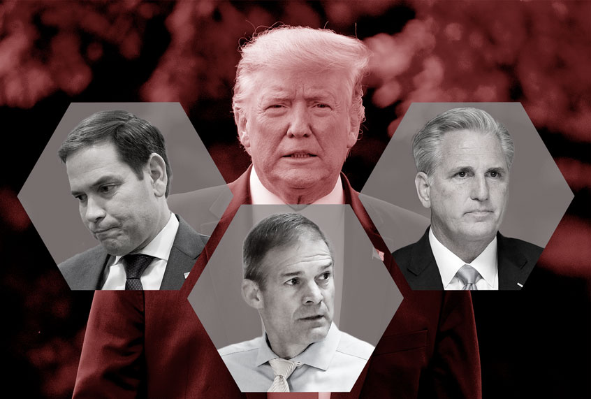 US President Donald Trump, Sen. Marco Rubio, Rep. Jim Jordan, and House Minority Leader Kevin McCarthy. (AP Photo/Andrew Harnik/Alex Brandon/Pablo Martinez Monsivais/Jacquelyn Martin)