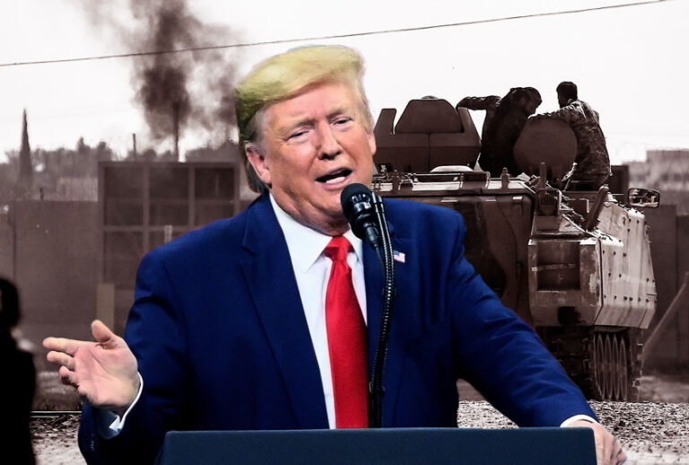Donald Trump in front of and image of Turkish-backed Syrian opposition fighters on an armoured personnel carrier drive to cross the border into Syria, in Akcakale, Sanliurfa province, southeastern Turkey, Friday, Oct. 18, 2019. Fighting continued in a northeast Syrian border town at the center of the fight between Turkey and Kurdish forces early Friday, despite a U.S.-brokered cease-fire that went into effect overnight. (AP Photo/Getty Images/Salon)
