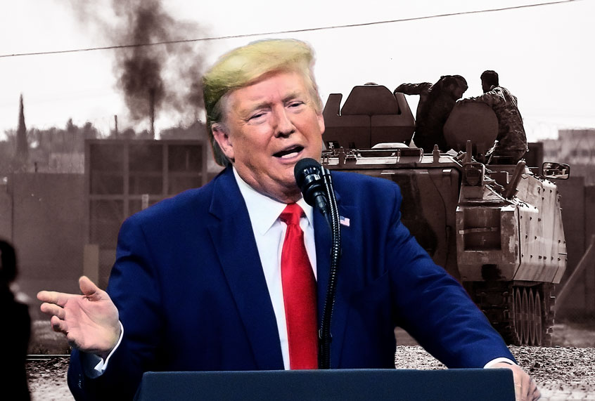 Donald Trump in front of and image of Turkish-backed Syrian opposition fighters on an armoured personnel carrier drive to cross the border into Syria, in Akcakale, Sanliurfa province, southeastern Turkey, Friday, Oct. 18, 2019. Fighting continued in a northeast Syrian border town at the center of the fight between Turkey and Kurdish forces early Friday, despite a U.S.-brokered cease-fire that went into effect overnight. (AP Photo/Getty Images/Salon)