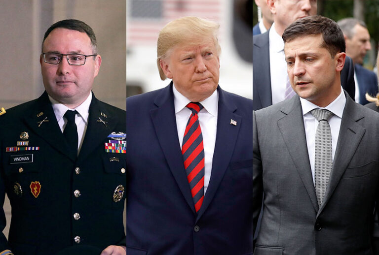 Army Lieutenant Colonel Alexander Vindman, US President Donald Trump, and Ukraine President Volodymyr Zelensky (AP Photo/Seth Wenig/Evan Vucci/Getty Images/Alex Wong)