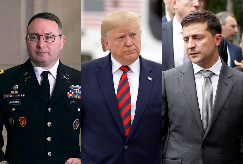 Army Lieutenant Colonel Alexander Vindman, US President Donald Trump, and Ukraine President Volodymyr Zelensky (AP Photo/Seth Wenig/Evan Vucci/Getty Images/Alex Wong)