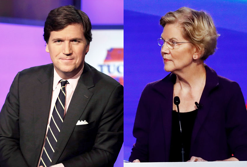 Tucker Carlson and Elizabeth Warren (AP Photo/John Minchillo/Richard Drew)