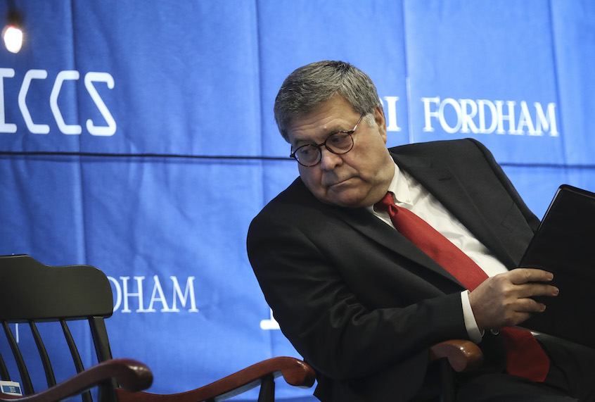 U.S. Attorney General William Barr waits to speak at the International Conference on Cyber Security at Fordham University School of Law on July 23, 2019 in New York City. (Drew Angerer/Getty Images)