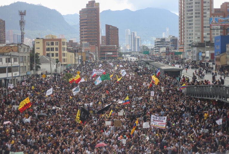 A panoramic view of the people who went to the protest of the national strike in the city of Bogota, Colombia, on 21 November 2019. (Daniel Garzon Herazo/Nurphoto via Getty Images)