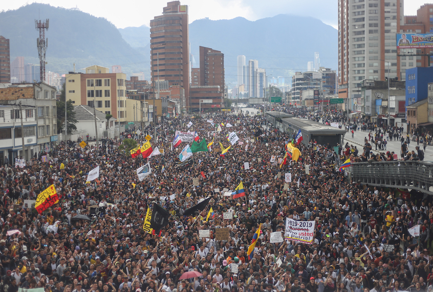 A panoramic view of the people who went to the protest of the national strike in the city of Bogota, Colombia, on 21 November 2019. (Daniel Garzon Herazo/Nurphoto via Getty Images)