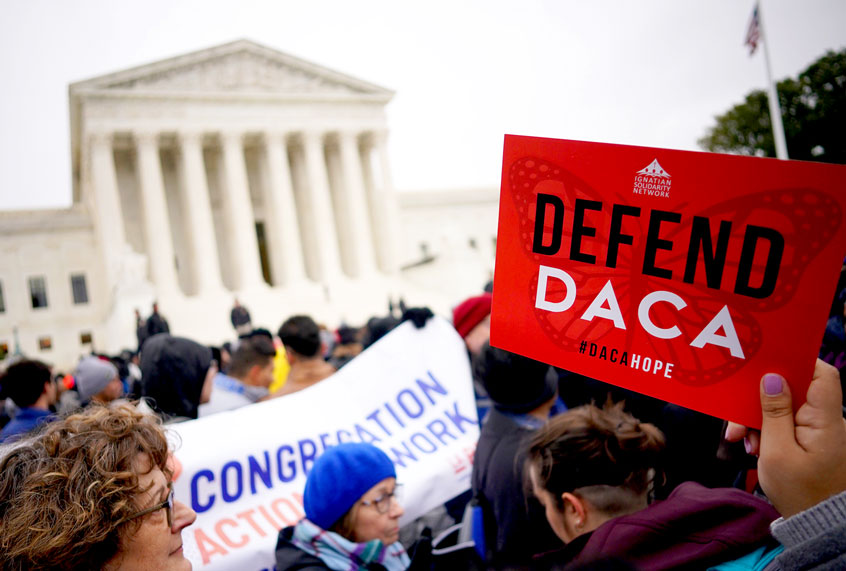 Immigration rights activists take part in a rally in front of the US Supreme Court in Washington, DC on November 12, 2019. - The US Supreme Court hears arguments on November 12, 2019 on the fate of the "Dreamers," an estimated 700,000 people brought to the country illegally as children but allowed to stay and work under a program created by former president Barack Obama. (MANDEL NGAN/AFP via Getty Images)