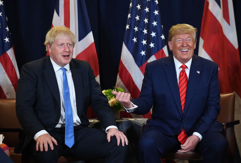 US President Donald Trump and British Prime Minister Boris Johnson hold a meeting at UN Headquarters in New York, September 24, 2019, on the sidelines of the United Nations General Assembly. (Saul Loeb/AFP via Getty Images)