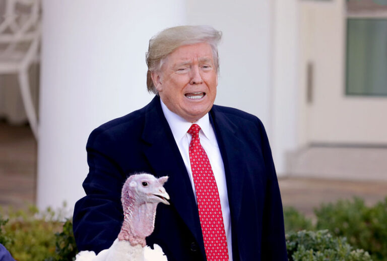 U.S. President Donald Trump gives a presidential ‘pardon’ to the National Thanksgiving Turkey Butter during the traditional event with first lady Melania Trump (R) in the Rose Garden of the White House November 26, 2019 in Washington, DC. The turkey pardon was made official in 1989 under former President George H.W. Bush, who was continuing an informal tradition started by President Harry Truman in 1947. Following the presidential pardon, the 47-pound turkey which was raised by farmer Wellie Jackson of Clinton, North Carolina, will reside at his new home, 'Gobbler's Rest,' at Virginia Tech. (Chip Somodevilla/Getty Images)