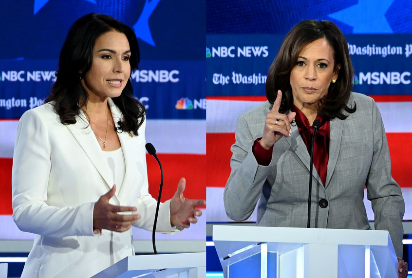 Democratic presidential hopefuls Representative for Hawaii Tulsi Gabbard and California Senator Kamala Harris (SAUL LOEB/AFP via Getty Images/Salon)