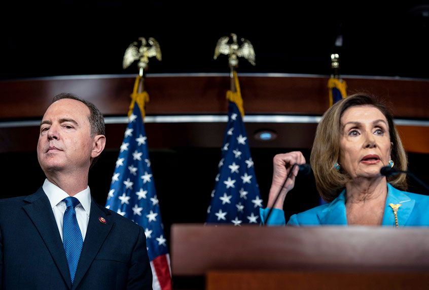 House Intelligence Committee Chairman Adam Schiff and Speaker of the House Nancy Pelosi speak to journalists during a press conference concerning the impeachment inquiry of President Donald Trump on Capitol Hill in Washington, DC (Melina Mara/The Washington Post via Getty Images)