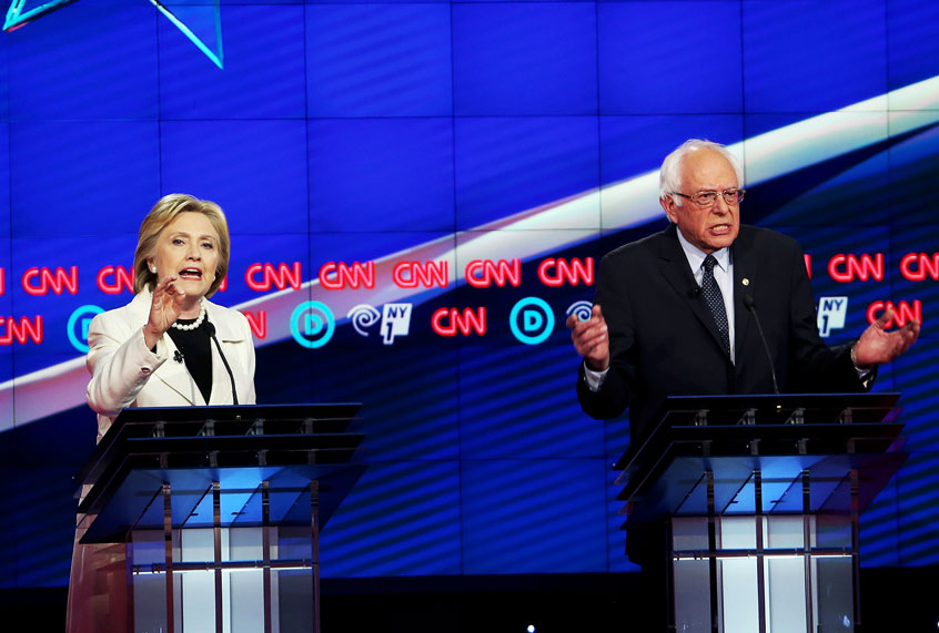 Democratic Presidential candidates Hillary Clinton and Sen. Bernie Sanders (D-VT) debate during the CNN Democratic Presidential Primary Debate at the Duggal Greenhouse in the Brooklyn Navy Yard on April 14, 2016 in New York City. (Justin Sullivan/Getty Images)