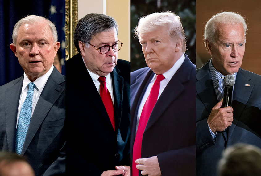 Jeff Sessions, Bill Barr, Donald Trump and Joe Biden (Getty Images/AP Photo/Anna Moneymaker/Zach Gibson/Drew Angerer/Andrew Harnik/Nicholas Kamm)
