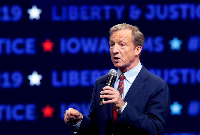 Democratic presidential candidate, philanthropist Tom Steyer speaks at the Liberty and Justice Celebration at the Wells Fargo Arena on November 01, 2019 in Des Moines, Iowa. Fourteen of the candidates hoping to win the Democratic nomination for president are expected to speak at the Celebration. (Scott Olson/Getty Images)