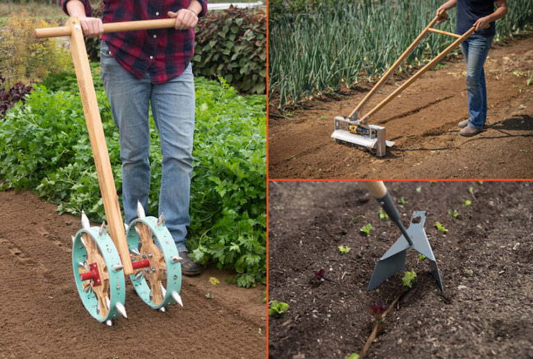 Clockwise from left: Some tools for open-source farming, including a double-rolling dibbler, a tilther, and a zipper. (Photos courtesy of Johnny’s Selected Seeds)