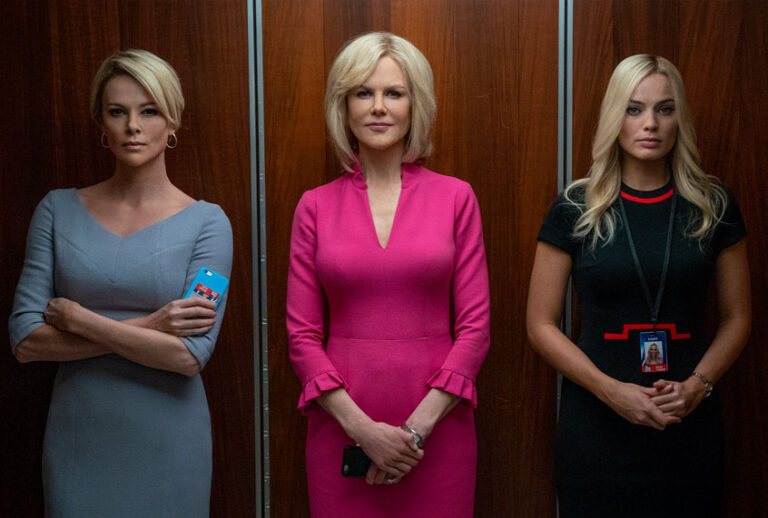 Charlize Theron as 'Megyn Kelly,' Nicole Kidman as 'Grechen Carlson,' and Margot Robbie as 'Kayla Pospisil' in BOMBSHELL. (Hilary Bronwyn Gayle SMPSP)