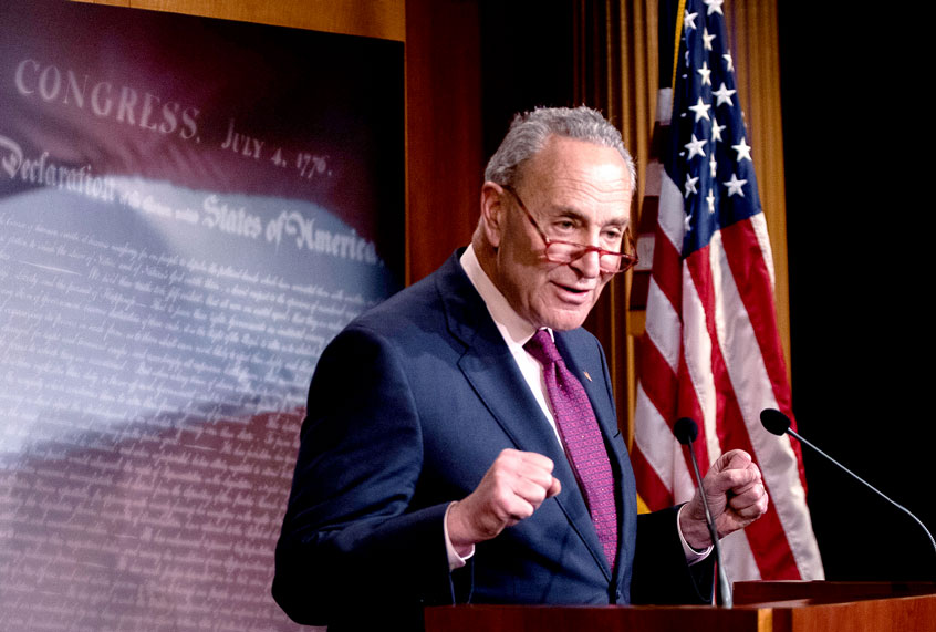 Senate Minority Leader Chuck Schumer (D-NY) holds a press conference to discuss Department Of Justice Inspector General's report concerning the origins and handling of the 2016 election Russia investigation, on Capitol Hill December 9, 2019 in Washington, DC. The Senate Judiciary Committee will host Department of Justice Inspector General Michael Horowitz for a hearing on Wednesday to discuss his findings. (Drew Angerer/Getty Images)