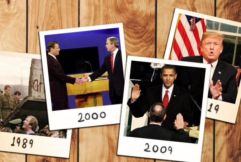 Photographs of the Berlin Wall coming down, Al Gore and George Bush's presidential debate, Barack Obama's Innauguration, and Donald Trump as US President (Getty Images/AP Photo/Salon)