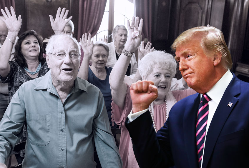 Donald Trump with thumbs up in front of elderly white congregation in church (Drew Angerer/Getty Images/Salon)