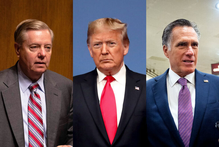 Senate Judiciary Chairman Lindsey Graham, US President Donald Trump, and Sen. Mitt Romney (Caroline Brehman/CQ Roll Call/Steve Parsons-WPA Pool/Anna Moneymaker/Getty Images)