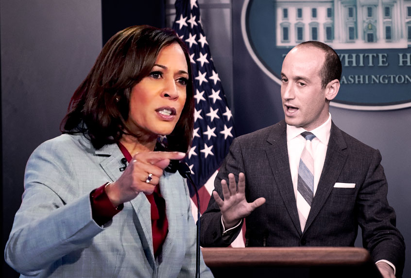Kamala Harris and Stephen Miller (Alex Wong/Jabin Botsford/The Washington Post/Getty Images)