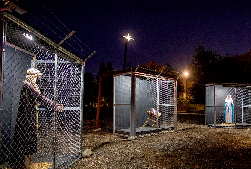 A Christmas nativity scene depicts Jesus, Mary, and Joseph separated and caged, as asylum seekers detained by U.S. Immigration and Customs Enforcement, at Claremont United Methodist Church on December 9, 2019 in Claremont, California. The church hopes the display will prompt viewers to ask themselves what the family would face today if seeking refuge in the U.S. as they did when fleeing Nazareth to Egypt to escape capture by the forces of King Herod. The Claremont United Methodist Church has worked to assist asylum seekers at the U.S.-Mexico border. (David McNew/Getty Images)