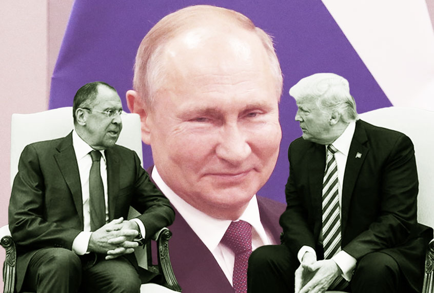 US President Donald Trump (R) and Russia's Foreign Minister Sergei Lavrov (L) meet at the Oval Office of White House in Washington, D.C., while Russian President Vladimir Putin looms in the background (Mikhail Svetlov/Russia Foreign Minister Press Ofice /Anadolu Agency/Getty Images)