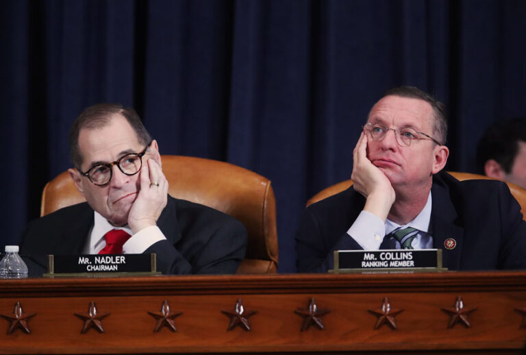 Chair Rep. Jerry Nadler (D-NY) and ranking member Rep. Doug Collins (R-GA) listen during testimony by Democratic and Republican counsels before the House Judiciary Committee in the Longworth House Office Building on Capitol Hill December 9, 2019 in Washington, DC. The hearing is being held for the Judiciary Committee to formally receive evidence in the impeachment inquiry of President Donald Trump, whom Democrats say held back military aid for Ukraine while demanding they investigate his political rivals. The White House declared it would not participate in the hearing. (Jonathan Ernst-Pool/Getty Images)