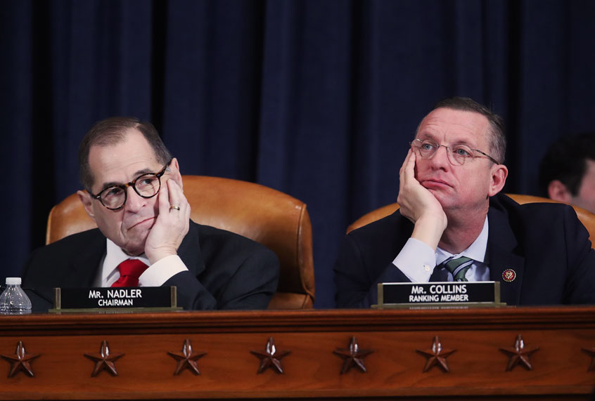 Chair Rep. Jerry Nadler (D-NY) and ranking member Rep. Doug Collins (R-GA) listen during testimony by Democratic and Republican counsels before the House Judiciary Committee in the Longworth House Office Building on Capitol Hill December 9, 2019 in Washington, DC. The hearing is being held for the Judiciary Committee to formally receive evidence in the impeachment inquiry of President Donald Trump, whom Democrats say held back military aid for Ukraine while demanding they investigate his political rivals. The White House declared it would not participate in the hearing. (Jonathan Ernst-Pool/Getty Images)
