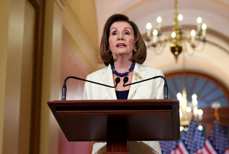 Pelosi told congressional leaders to draw up articles of impeachment against Trump, saying his abuse of power for political benefit "leaves us no choice but to act." Trump "has engaged in abuse of power, undermined our national security and jeopardized the integrity of our elections," she said, adding that "the president leaves us no choice but to act." (SAUL LOEB/AFP via Getty Images)