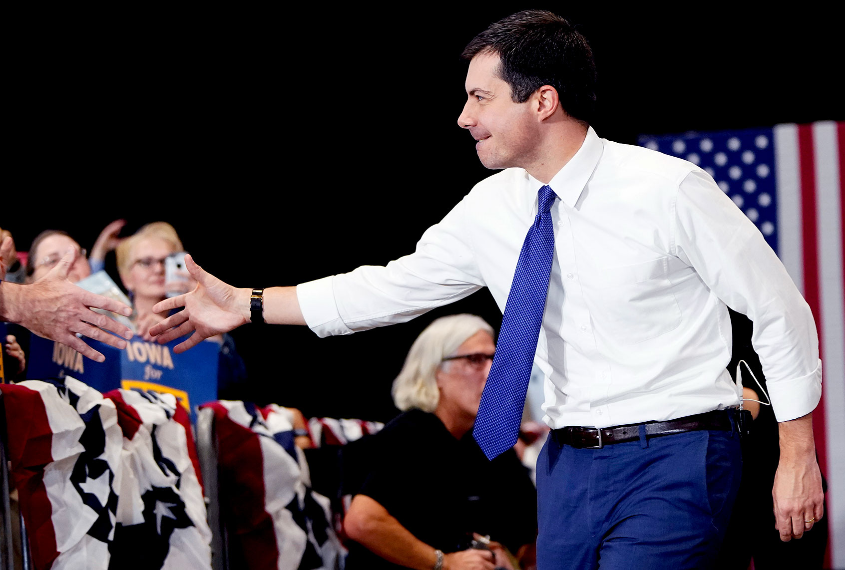 Democratic presidential candidate South Bend, Indiana Mayor Pete Buttigieg greets Iowa voters while arriving at a campaign event December 08, 2019 in Coralville, Iowa. Less than two months remain before Iowa holds its caucuses in the nation's first contest in the 2020 presidential election. (Win McNamee/Getty Images)
