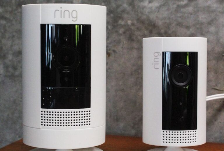 Ring security cameras are displayed at Amazon headquarters in Seattle, Washington on September 25, 2019. (Glenn Chapman/AFP via Getty Images)