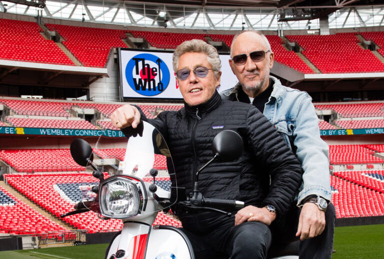 Pete Townshend and Roger Daltrey of The Who pose at Wembley Stadium to promote their summer concert at Wembley Stadium on March 13, 2019 in London, England. (Samir Hussein/Samir Hussein/WireImage)