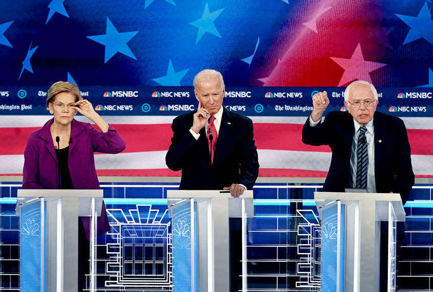 Presidential candidate Sen. Elizabeth Warren (D-Mass.), Former vice president Joe Biden and Sen. Bernie Sanders (I-Vt.) during the Washington Post and MSNBC fifth Democratic presidential primary debate at the from Tyler Perry Studios on November 20, 2019 in Atlanta, Georgia. (Toni L. Sandys/The Washington Post via Getty Images)