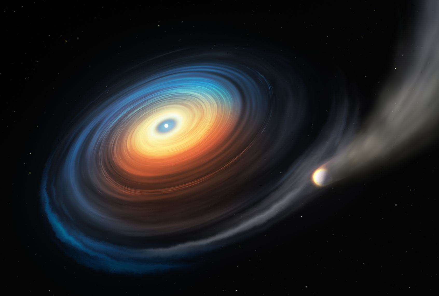 This illustration shows the white dwarf WDJ0914+1914 and its Neptune-like exoplanet. Since the icy giant orbits the hot white dwarf at close range, the extreme ultraviolet radiation from the star strips away the planet’s atmosphere. While most of this stripped gas escapes, some of it swirls into a disc, itself accreting onto the white dwarf. (ESO/M. Kornmesser)