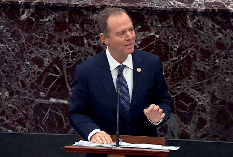 In this screengrab taken from a Senate Television webcast, House impeachment manager Rep. Adam Schiff (D-CA) speaks during impeachment proceedings against U.S. President Donald Trump in the Senate at the U.S. Capitol on January 22, 2020 in Washington, DC. (Senate Television via Getty Images)