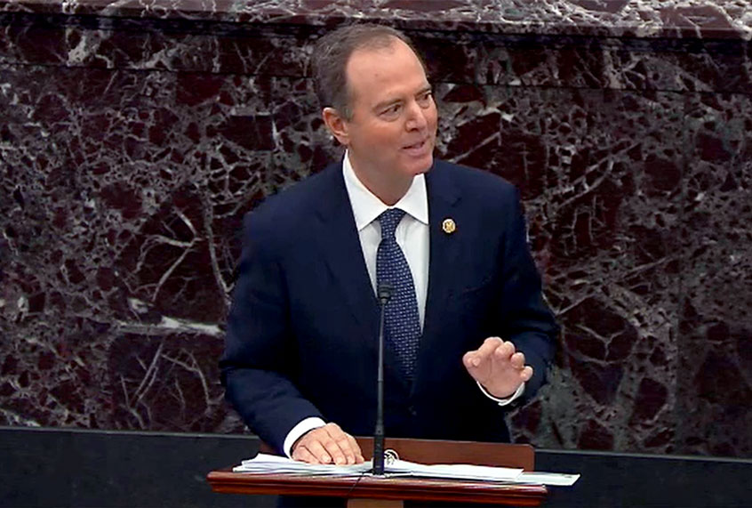 In this screengrab taken from a Senate Television webcast, House impeachment manager Rep. Adam Schiff (D-CA) speaks during impeachment proceedings against U.S. President Donald Trump in the Senate at the U.S. Capitol on January 22, 2020 in Washington, DC. (Senate Television via Getty Images)