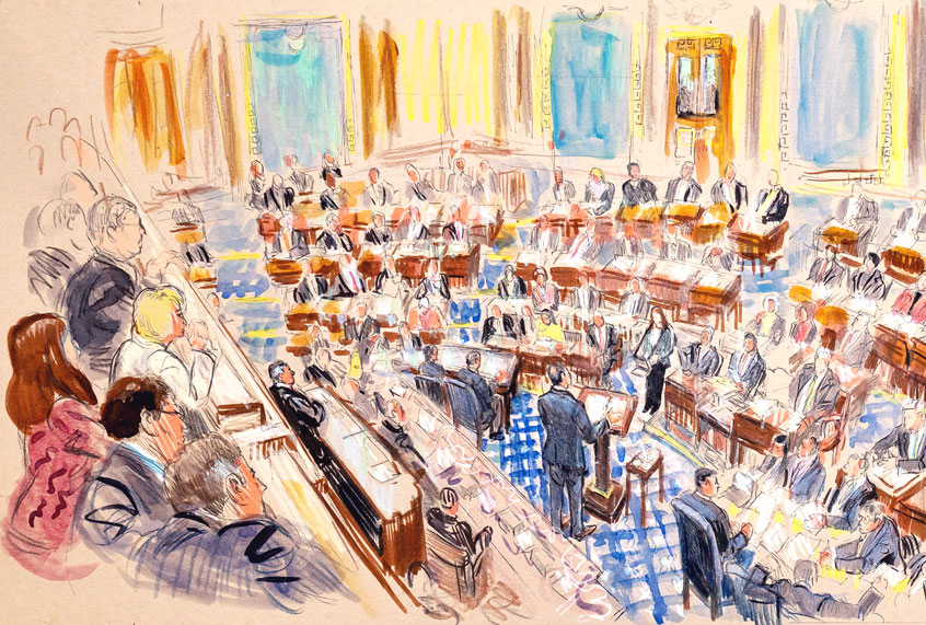 This artist sketch depicts White House counsel Pat Cipollone speaking in the Senate chamber during the impeachment trial against President Donald Trump on charges of abuse of power and obstruction of Congress, at the Capitol in Washington, Tuesday, Jan. 21, 2020. (Dana Verkouteren via AP)