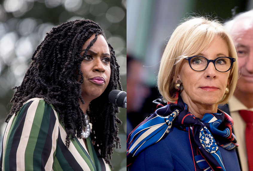 Ayanna Presley and Betsy DeVos (Brendan Smialowski/AFP/Zach Gibson/Getty Images)