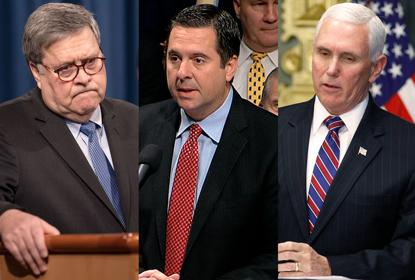 Bill Barr, Devin Nunes, and Mike Pence (AP Photo/Salon)