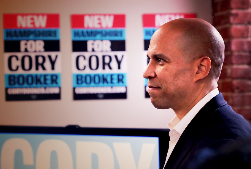 Democratic presidential candidate Sen. Cory Booker, D-N.J., waits to be introduced during a campaign stop in Nashua, N.H., Friday, Jan. 3, 2020. (AP Photo/Charles Krupa)