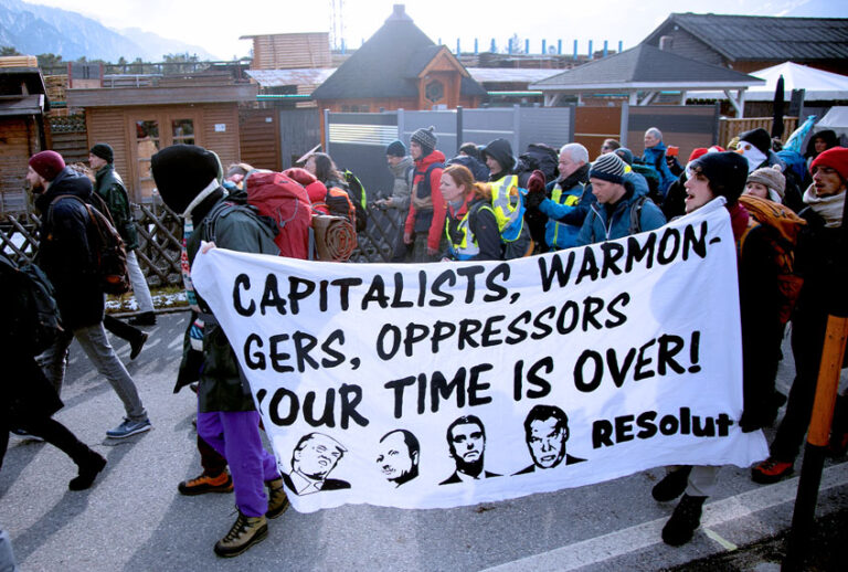 The first day of the Strike WEF march on Davos on 18th of January 2020 near Davos, Switzerland. The first day of the march started in Lanquart with speeches and hot food and ended in Schiers. The protest is planned to finish in Davos with a public meeting in the town on the day the WEF begins. The march is a three day protest against the World Economic Forum meeting in Davos. The activists want climate justice and think that The WEF is for the world's richest and political elite only. (Kristian Buus/In Pictures via Getty Images)