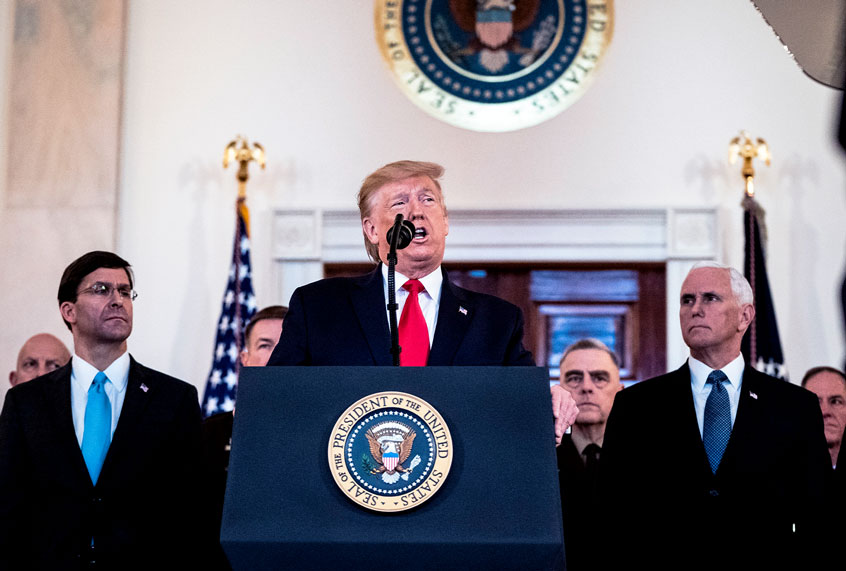President Donald J. Trump address to the nation from the Grand Foyer at the White House on Wednesday, Jan 08, 2020 in Washington, DC. (Jabin Botsford/The Washington Post via Getty Images)