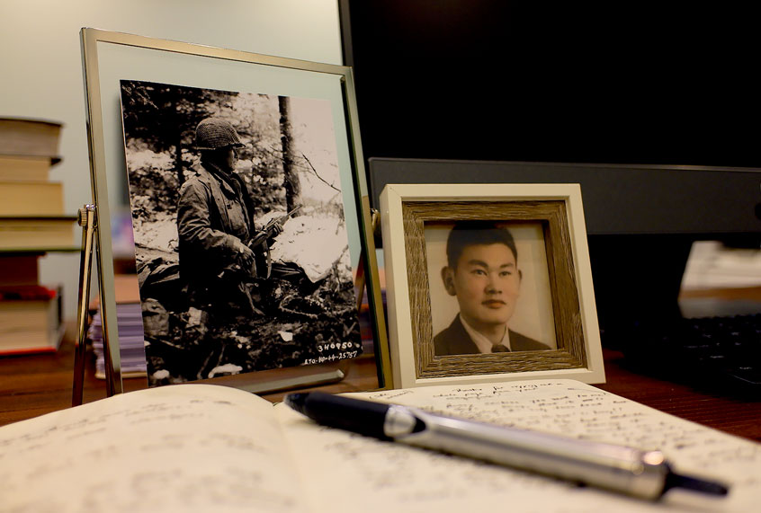 Framed photos of Fred Korematsu, on the desk of Andrew Fukuda (Courtesy of publicist)