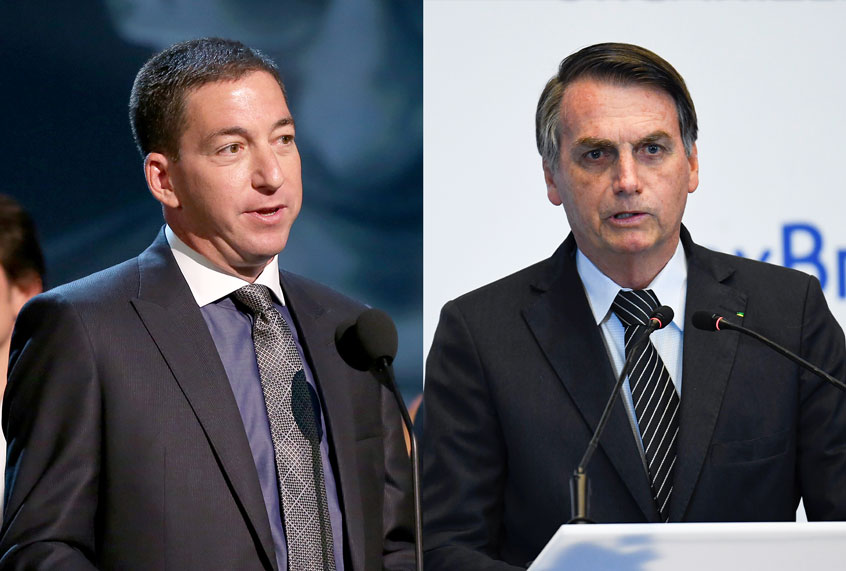 Glenn Greenwald and Jair Bolsonaro ( Randall Michelson/WireImage/Madoka Ikegami-Pool/Getty Images)