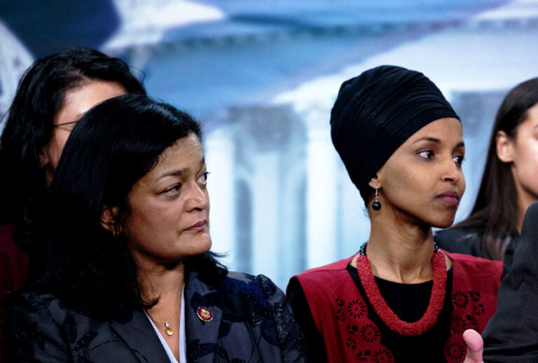 US Congresswoman Ilhan Omar and Rep. Pramila Jayapal (AP Photo/Jose Luis Magana)
