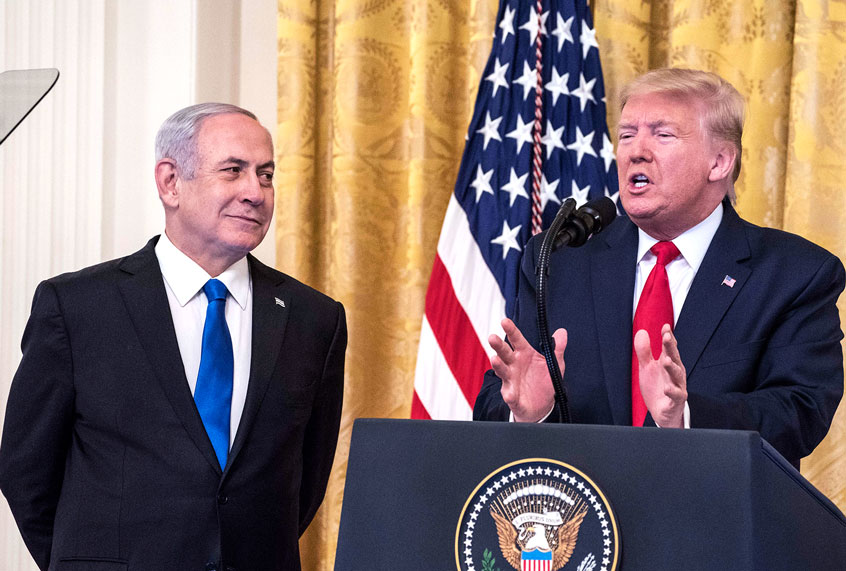 U.S. President Donald Trump and Israeli Prime Minister Benjamin Netanyahu participate in a joint statement in the East Room of the White House on January 28, 2020 in Washington, DC. The news conference was held to announce the Trump administration's plan to resolve the Israeli-Palestinian conflict. (Sarah Silbiger/Getty Images)