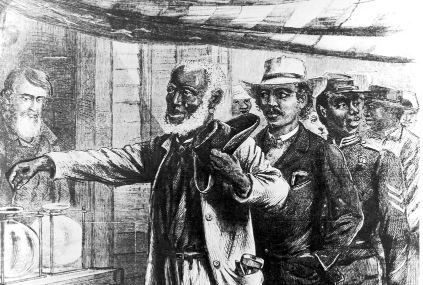 African-American men voting in a state election in the south during reconstruction in an 1867 illustration from Harper's Weekly. That year in the reconstruction states 703,000 Blacks and 627,000 Whites voted. (Hulton Archive/Getty Images)