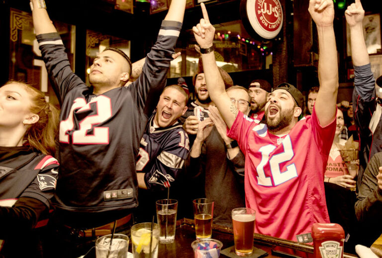 New England Patriots fans cheer during the first quarter of Super Bowl LIII at McGreevy's Bar on February 3, 2019 in Boston, Massachusetts. The New England Patriots are playing the Los Angeles Rams in Atlanta. (Scott Eisen/Getty Images)